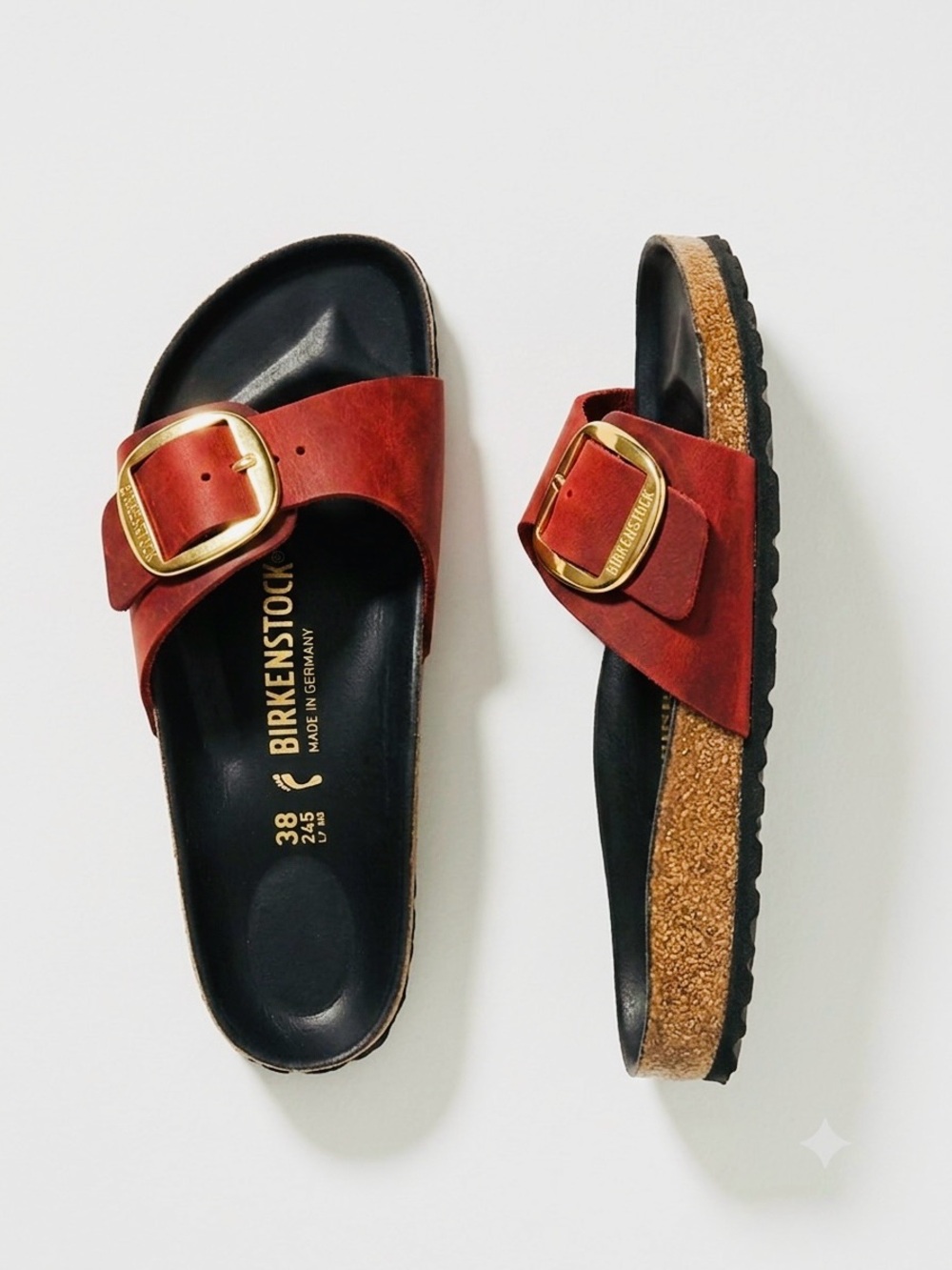 Birkenstock Madrid Big Buckle Sandals Crimson Red Oiled Leather Gold Narrow 38 - Picture 1 of 15